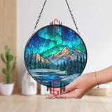 Northern Lights Stained Glass Suncatcher, Round Mountain Winter Window Panel, Aurora Borealis Glass Art Home Decor Gift