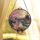 Geisha Sunset Stained Glass Suncatcher, Round Japanese Landscape Window Panel, Cherry Blossom Glass Art Home Decor Gift