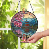 Golden Temple Stained Glass Suncatcher, Round Japanese Lake Window Panel, Cherry Blossom Glass Art Home Decor Gift