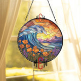 Ocean Wave Sunset Stained Glass Suncatcher, Round Coastal Flower Window Panel, Nature Sea Glass Art Home Decor Gift