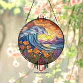 Ocean Wave Sunset Stained Glass Suncatcher, Round Coastal Flower Window Panel, Nature Sea Glass Art Home Decor Gift