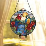Tropical Parrots Stained Glass Suncatcher, Round Exotic Bird Window Panel, Jungle Hibiscus Glass Art Home Decor Gift
