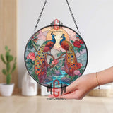 Peacock Pair Stained Glass Suncatcher, Round Floral Sunset Window Panel, Elegant Bird Glass Art Home Decor Gift for Nature Lovers