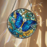 Blue Butterfly Stained Glass Suncatcher, Round Window Hanging with Green Floral Scrolls, Elegant Glass Panel Home Decor for Butterfly Lovers
