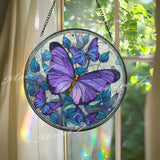 Purple Butterfly Stained Glass Suncatcher, Round Window Panel with Blue Floral Background, Colorful Hanging Glass Art for Butterfly Lovers