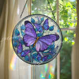 Purple Butterfly Stained Glass Suncatcher, Round Window Panel with Blue Floral Background, Colorful Hanging Glass Art for Butterfly Lovers