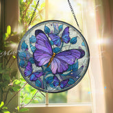 Purple Butterfly Stained Glass Suncatcher, Round Window Panel with Blue Floral Background, Colorful Hanging Glass Art for Butterfly Lovers