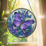 Purple Butterfly Stained Glass Suncatcher, Round Window Panel with Blue Floral Background, Colorful Hanging Glass Art for Butterfly Lovers