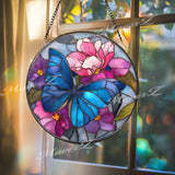 Blue Butterfly Stained Glass Suncatcher, Round Floral Window Panel with Pink Blossoms, Nature Inspired Hanging Glass Art for Home Decor