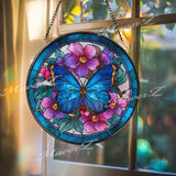 Blue Butterfly Stained Glass Suncatcher, Round Window Hanging Panel with Pink Flowers, Colorful Nature Glass Art Gift for Garden Lovers