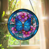 Blue Butterfly Stained Glass Suncatcher, Round Window Hanging Panel with Pink Flowers, Colorful Nature Glass Art Gift for Garden Lovers