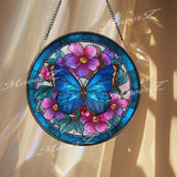 Blue Butterfly Stained Glass Suncatcher, Round Window Hanging Panel with Pink Flowers, Colorful Nature Glass Art Gift for Garden Lovers