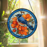 Blue Jay Stained Glass Suncatcher, Round Bird with Orange Flowers Window Hanging Panel, Colorful Nature Glass Art Gift for Bird Lovers