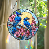 Blue Jay Stained Glass Suncatcher, Round Pair of Birds with Pink Flowers and Sun Window Panel, Nature Spring Bird Lover Gift Home Decor