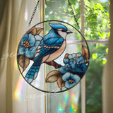 Blue Jay Stained Glass Suncatcher, Round Bird and Blue Flowers Window Panel, Nature Floral Home Decor, Bird Lover Gift, Spring Sun Catcher