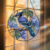 Blue Jay Hydrangea Stained Glass Suncatcher, Round Bird Window Panel, Nature Floral Home Decor, Garden Lover Gift, Spring Sun Catcher