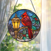 Cardinal Lantern Stained Glass Suncatcher, Round Christmas Window Panel with Holly Leaves, Holiday Memorial Bird Decor, Winter Gift