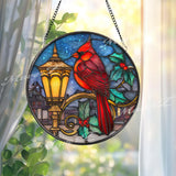 Cardinal Lantern Stained Glass Suncatcher, Round Christmas Window Panel with Holly Leaves, Holiday Memorial Bird Decor, Winter Gift