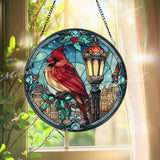 Christmas Cardinal Stained Glass Suncatcher, Round Holiday Window Panel with Lamp Post and Holly, Festive Winter Home Decor Gift