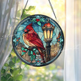 Christmas Cardinal Stained Glass Suncatcher, Round Holiday Window Panel with Lamp Post and Holly, Festive Winter Home Decor Gift
