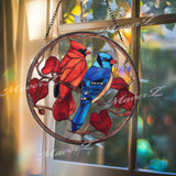 Cardinal and Blue Jay Stained Glass Suncatcher, Round Bird Window Panel with Red Leaves, Nature Memorial Decor Gift