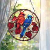 Cardinal and Blue Jay Stained Glass Suncatcher, Round Bird Window Panel with Red Leaves, Nature Memorial Decor Gift