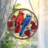 Cardinal and Blue Jay Stained Glass Suncatcher, Round Bird Window Panel with Red Leaves, Nature Memorial Decor Gift