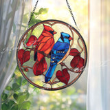 Cardinal and Blue Jay Stained Glass Suncatcher, Round Bird Window Panel with Red Leaves, Nature Memorial Decor Gift