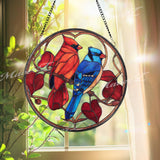Cardinal and Blue Jay Stained Glass Suncatcher, Round Bird Window Panel with Red Leaves, Nature Memorial Decor Gift