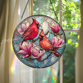 Cardinal Stained Glass Suncatcher, Round Magnolia Flower Window Panel, Red Bird Memorial Decor, Nature Glass Art Hanging Gift
