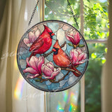 Cardinal Stained Glass Suncatcher, Round Magnolia Flower Window Panel, Red Bird Memorial Decor, Nature Glass Art Hanging Gift
