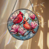 Cardinal Stained Glass Suncatcher, Round Magnolia Flower Window Panel, Red Bird Memorial Decor, Nature Glass Art Hanging Gift