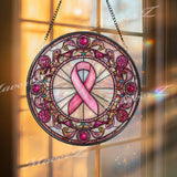 Breast Cancer Awareness Stained Glass Suncatcher, Round Pink Ribbon Window Panel, Support Gift, Hope Survivor Glass Art Decor