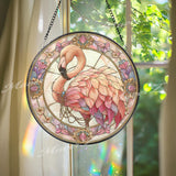 Flamingo Stained Glass Suncatcher, Round Pink Bird Window Panel with Feathers and Flowers, Tropical Elegant Glass Art Home Decor