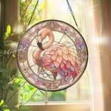 Flamingo Stained Glass Suncatcher, Round Pink Bird Window Panel with Feathers and Flowers, Tropical Elegant Glass Art Home Decor