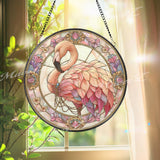 Flamingo Stained Glass Suncatcher, Round Pink Bird Window Panel with Feathers and Flowers, Tropical Elegant Glass Art Home Decor