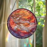 Greek Goddess Archer Stained Glass Suncatcher, Round Mythological Panel with Bow, Spiritual Warrior Decor, Strength and Power Gift