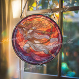 Greek Goddess Archer Stained Glass Suncatcher, Round Mythological Panel with Bow, Spiritual Warrior Decor, Strength and Power Gift