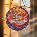 Greek Goddess Archer Stained Glass Suncatcher, Round Mythological Panel with Bow, Spiritual Warrior Decor, Strength and Power Gift