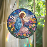 Praying Jesus Stained Glass Suncatcher, Round Religious Panel with Flowers and Butterfly, Spiritual Home Decor, Faith-Inspired Gift