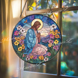 Praying Jesus Stained Glass Suncatcher, Round Religious Panel with Flowers and Butterfly, Spiritual Home Decor, Faith-Inspired Gift