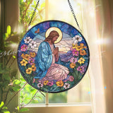 Praying Jesus Stained Glass Suncatcher, Round Religious Panel with Flowers and Butterfly, Spiritual Home Decor, Faith-Inspired Gift