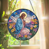 Praying Jesus Stained Glass Suncatcher, Round Religious Panel with Flowers and Butterfly, Spiritual Home Decor, Faith-Inspired Gift