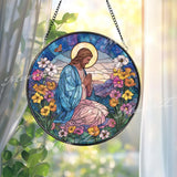 Praying Jesus Stained Glass Suncatcher, Round Religious Panel with Flowers and Butterfly, Spiritual Home Decor, Faith-Inspired Gift