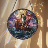 Jesus Calms the Storm Stained Glass Suncatcher, Round Religious Panel with Disciples and Boat, Spiritual Home Decor, Faith-Inspired Gift