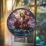 Jesus Calms the Storm Stained Glass Suncatcher, Round Religious Panel with Disciples and Boat, Spiritual Home Decor, Faith-Inspired Gift