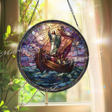 Jesus Calms the Storm Stained Glass Suncatcher, Round Religious Panel with Disciples and Boat, Spiritual Home Decor, Faith-Inspired Gift