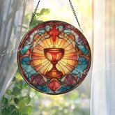 Holy Grail Stained Glass Suncatcher, Round Chalice with Cross, Spiritual and Religious Decor, Faith-Inspired Window Art, Gift Idea