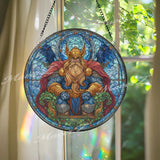 Viking God Stained Glass Suncatcher, Round Odin with Ravens and Ivy, Mythological Warrior Home Decor, Norse Spiritual Gift