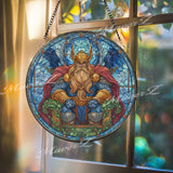 Viking God Stained Glass Suncatcher, Round Odin with Ravens and Ivy, Mythological Warrior Home Decor, Norse Spiritual Gift